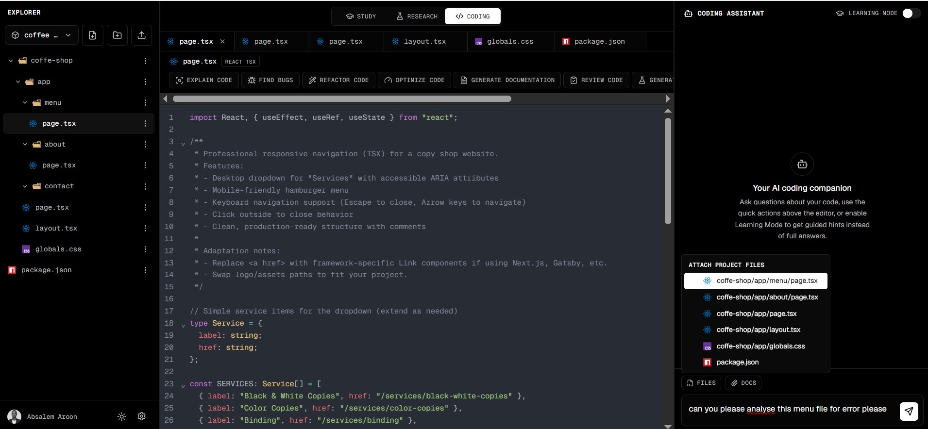 Zequel coding workspace showing a file explorer, code editor, and an AI coding assistant