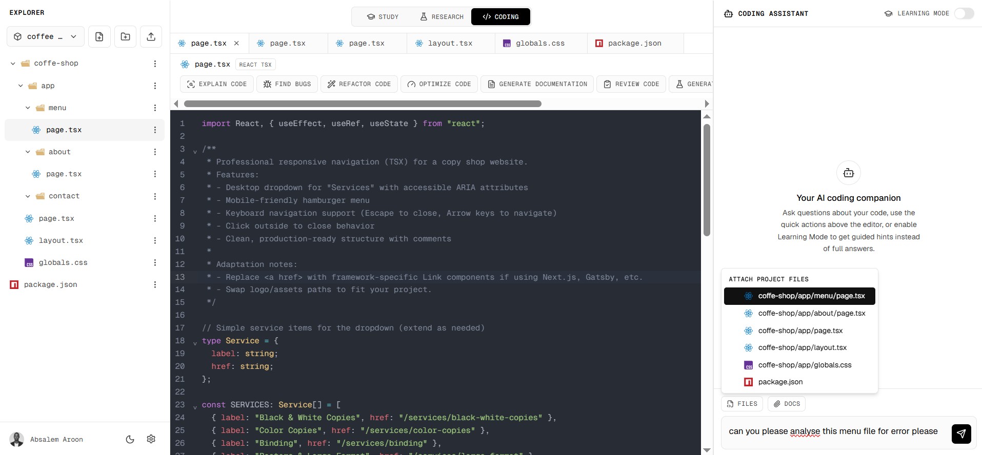 Zequel coding workspace showing a file explorer, code editor, and an AI coding assistant