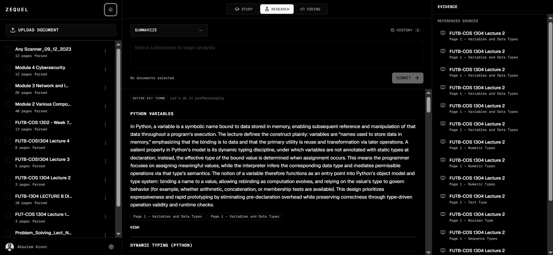 Zequel research workspace showing document analysis with referenced evidence sources