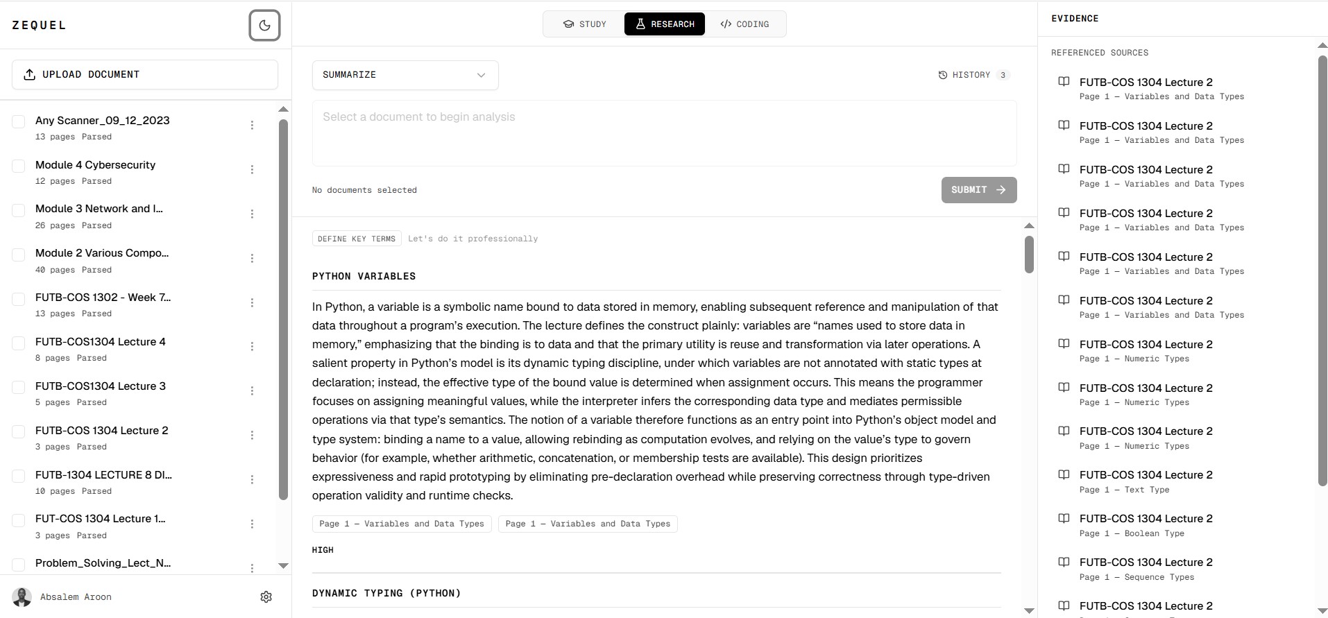 Zequel research workspace showing document analysis with referenced evidence sources