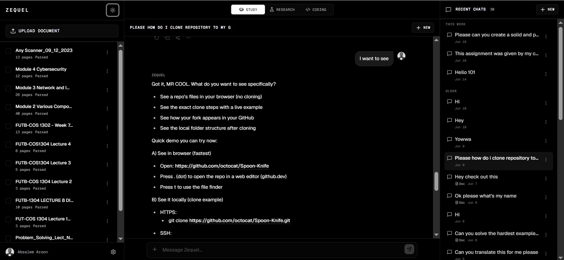 Zequel study workspace showing a document alongside an evidence-backed AI chat