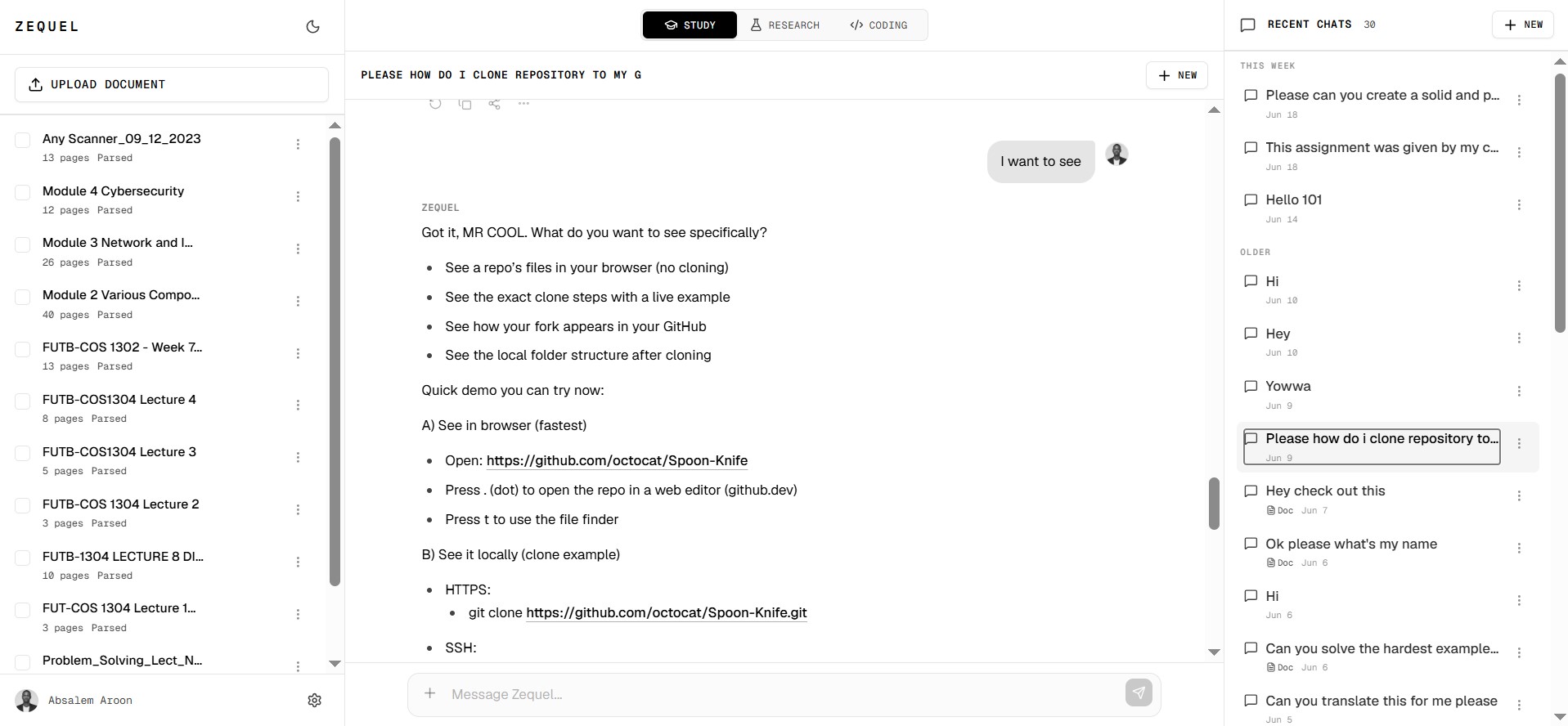 Zequel study workspace showing a document alongside an evidence-backed AI chat
